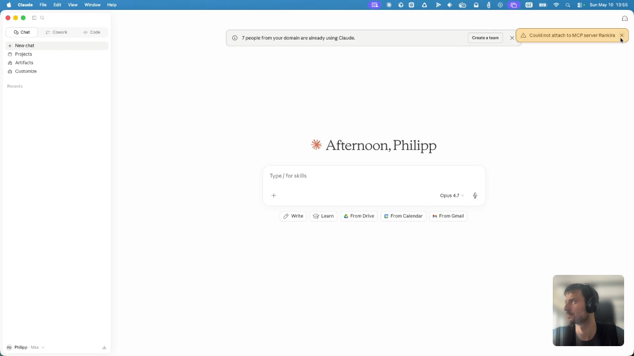 Claude home screen with sidebar open showing the Customize tab